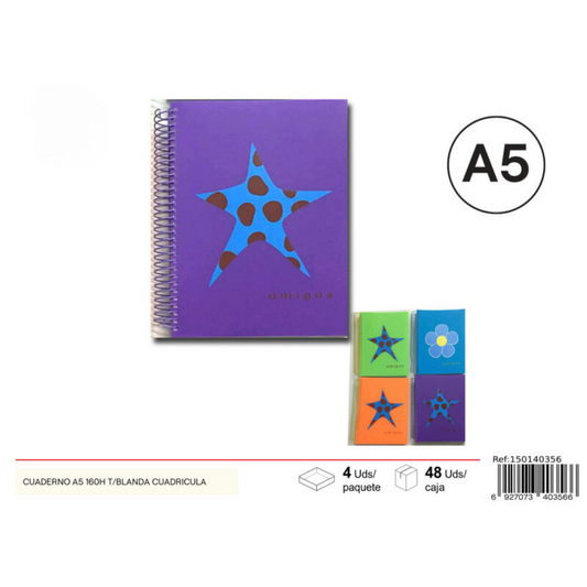 Cuaderno A5 160H T/Blanda cuadricula en varios colores